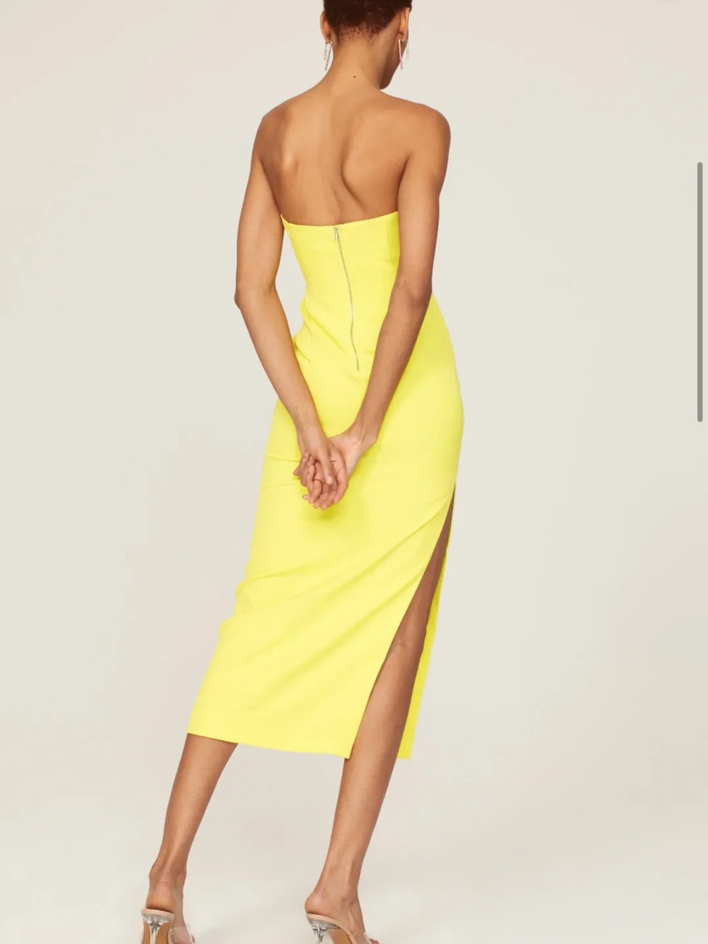Bardot Revolve Eleni Strapless Yellow Midi Dress with Front Cutout Wedding Guest - Picture 2 of 9